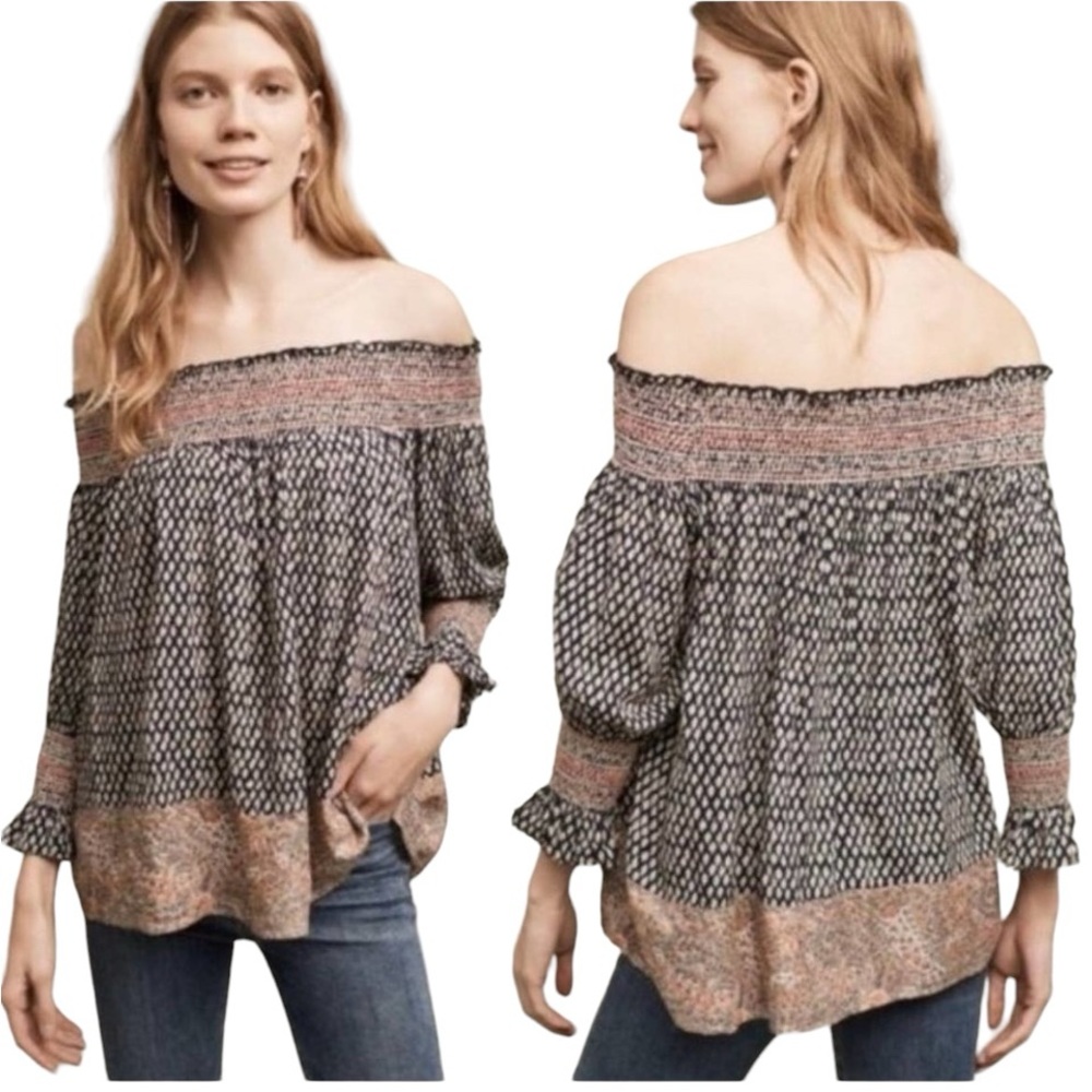 Anthro Vanessa Virginia Cold Shoulder Smocked Top Women’s Medium Multicolor Boho